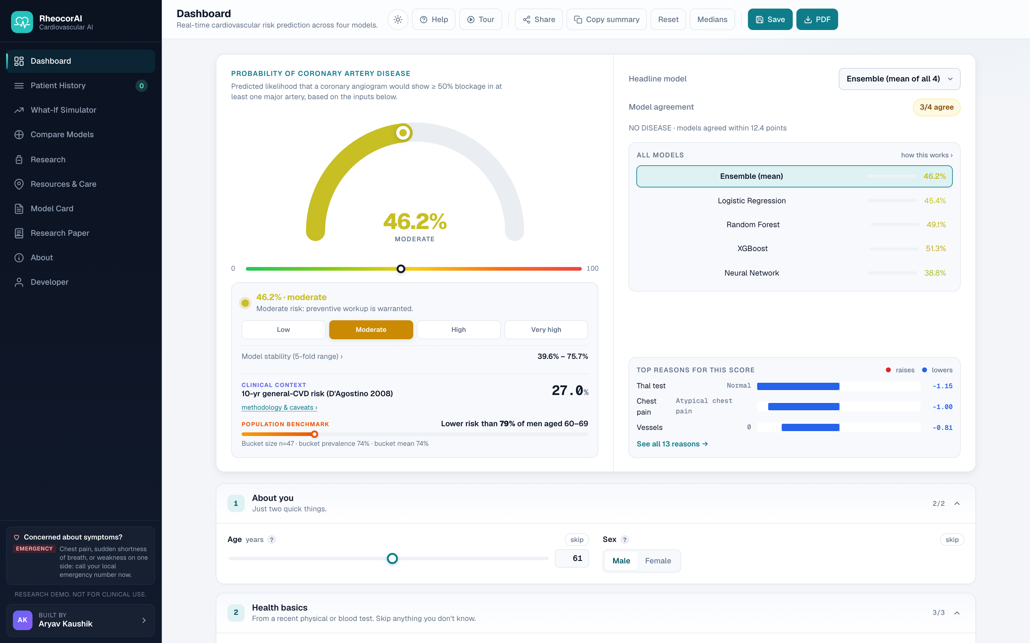The RheocorAI dashboard: a risk gauge, all four model probabilities, the top reasons behind the score, and a clinical-context panel.